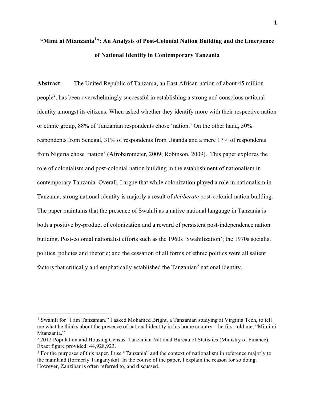 “Mimi Ni Mtanzania1”: an Analysis of Post-Colonial Nation Building and the Emergence