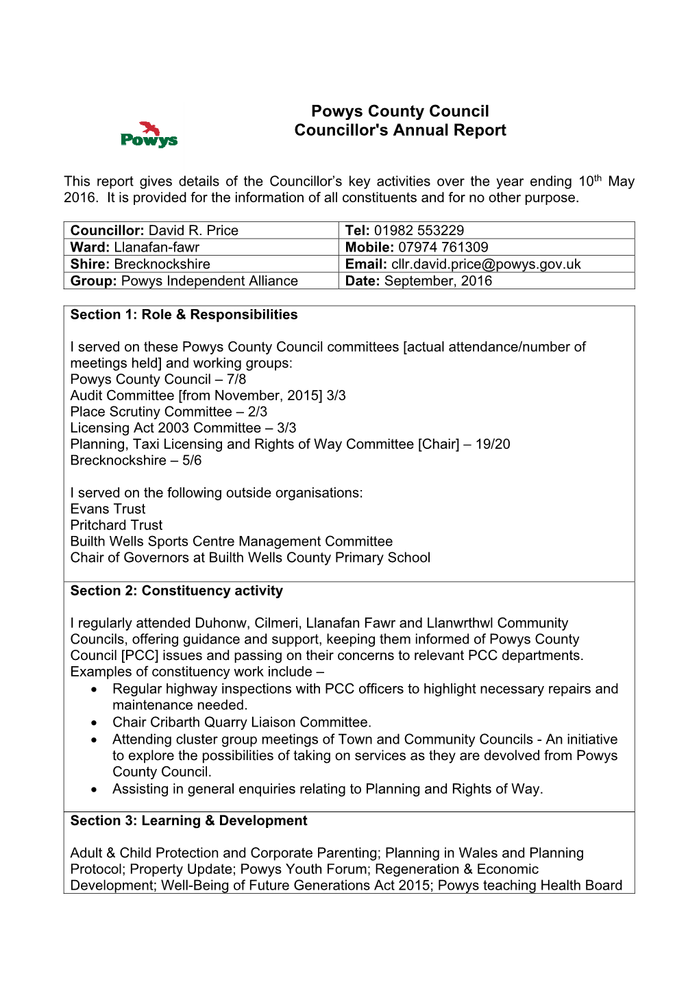 Powys County Council Councillor's Annual Report