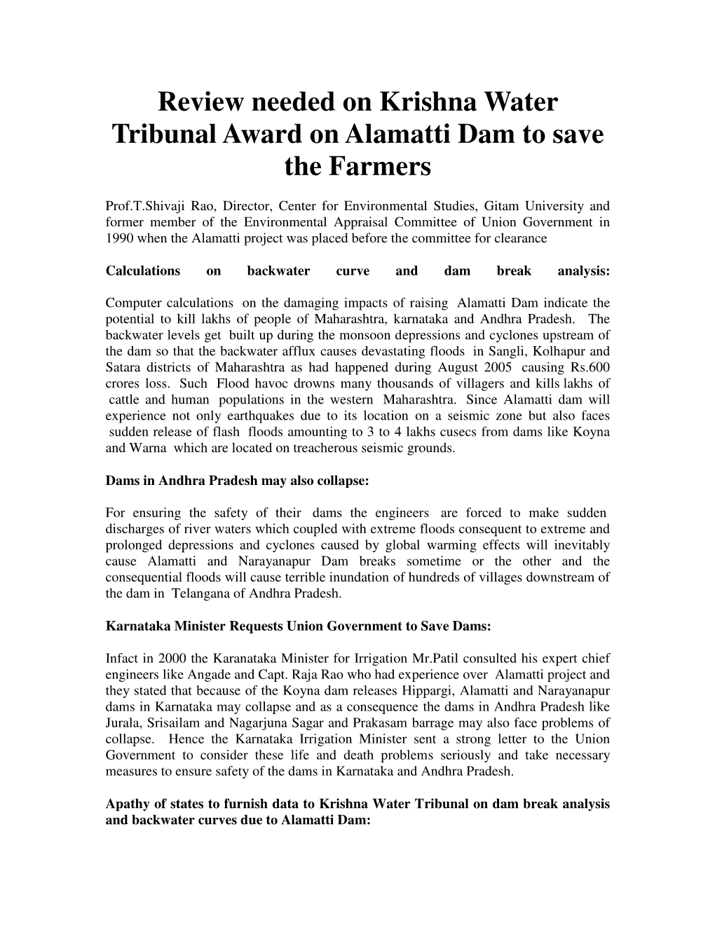 Review Needed on Krishna Water Tribunal Award on Alamatti Dam to Save the Farmers