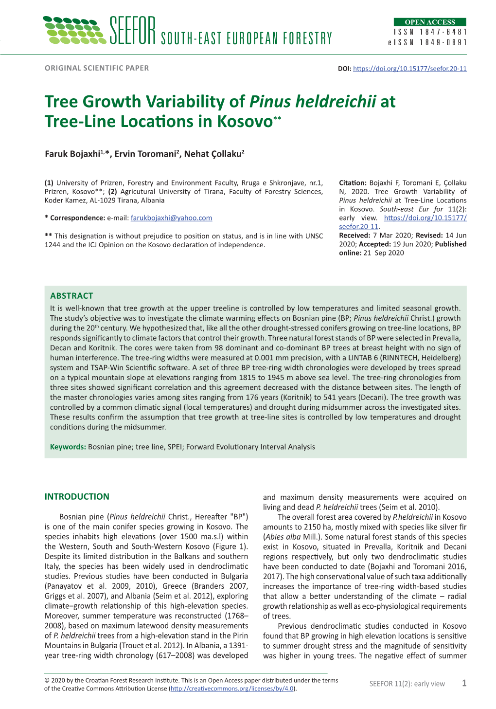 Tree Growth Variability of Pinus Heldreichii at Tree-Line Locations in Kosovo**