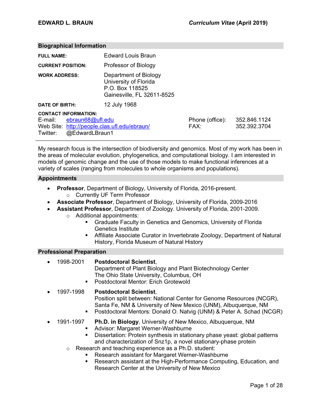 EDWARD L. BRAUN Curriculum Vitae (April 2019)