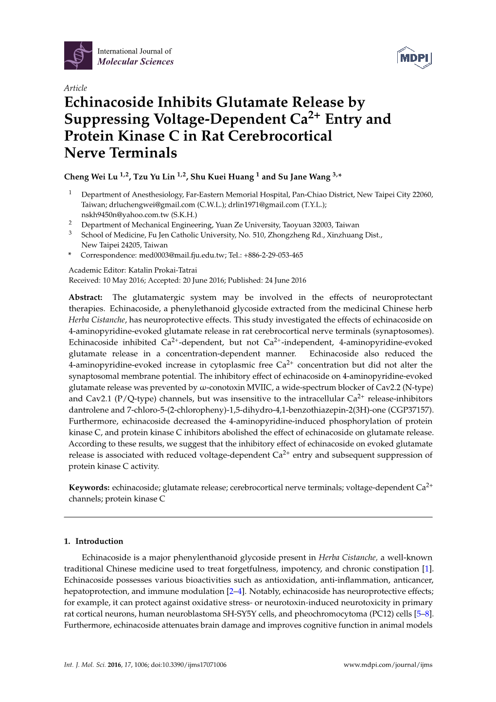 Echinacoside Inhibits Glutamate Release by Suppressing Voltage-Dependent Ca2+ Entry and Protein Kinase C in Rat Cerebrocortical Nerve Terminals