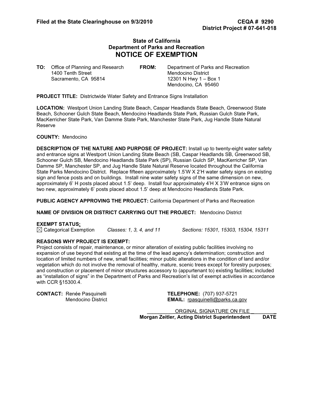 State of California Department of Parks and Recreation NOTICE of EXEMPTION