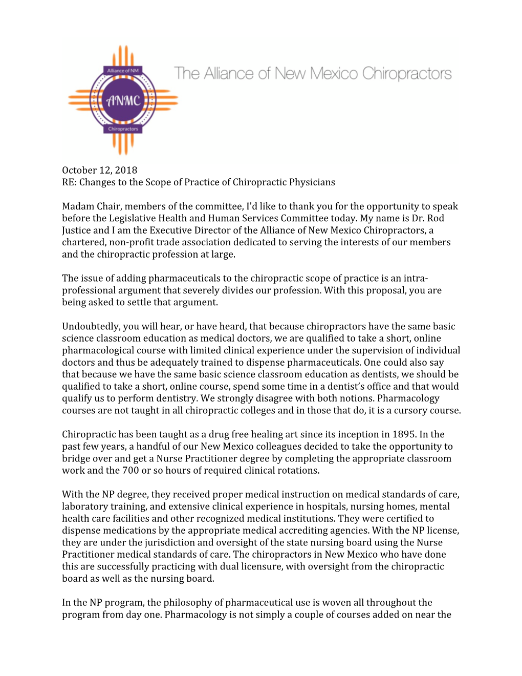Alliance of New Mexico Chiropractors Testimony