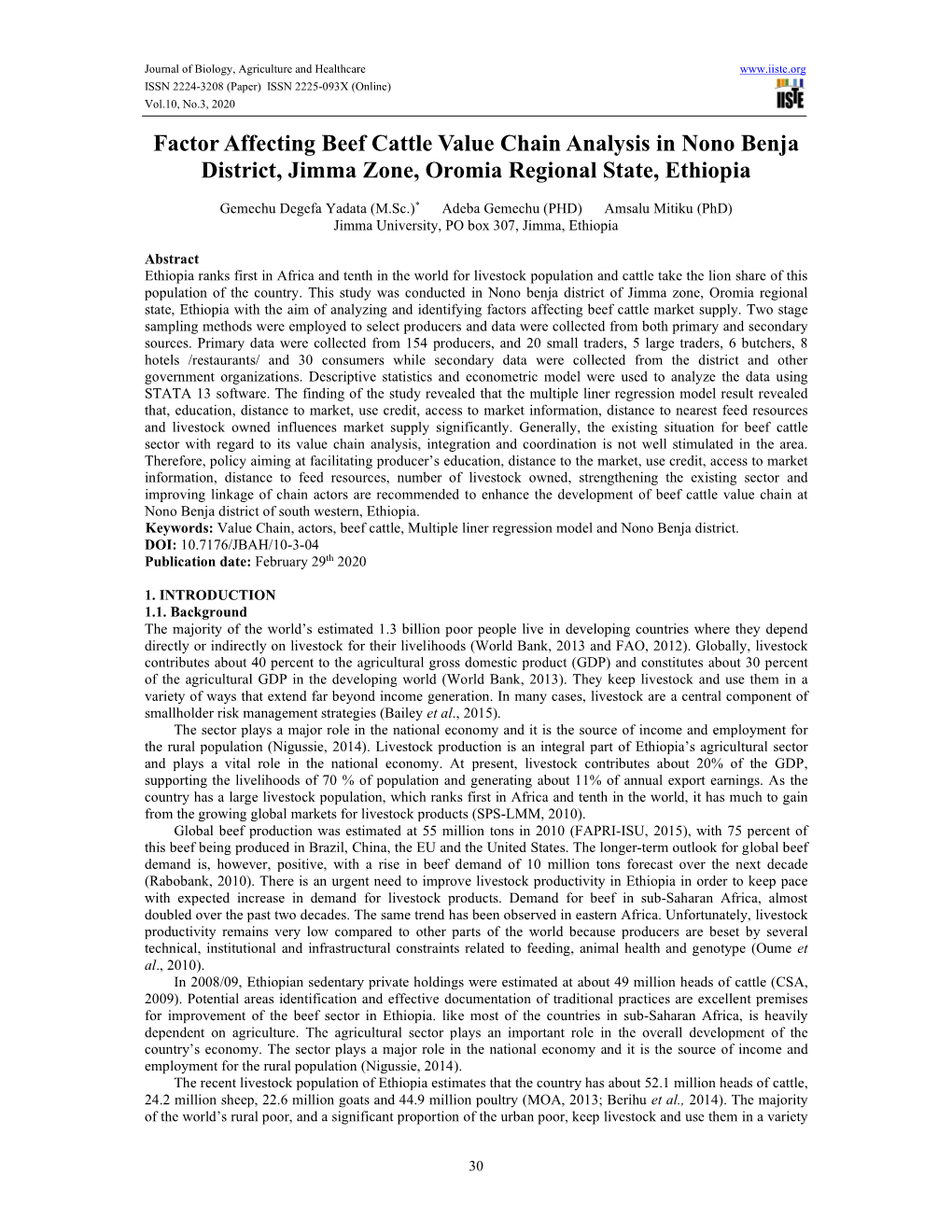 Factor Affecting Beef Cattle Value Chain Analysis in Nono Benja District, Jimma Zone, Oromia Regional State, Ethiopia