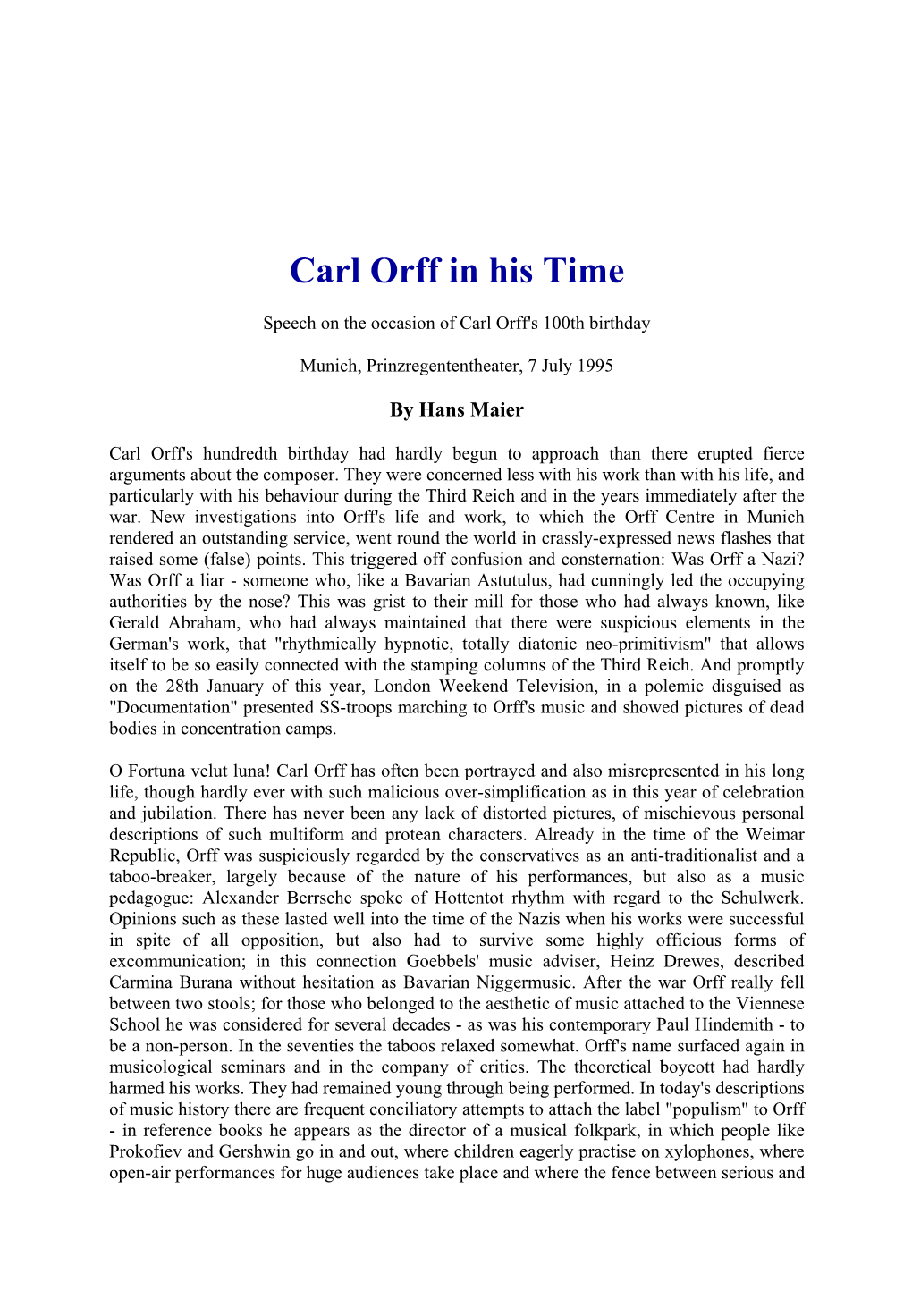 Carl Orff in His Time