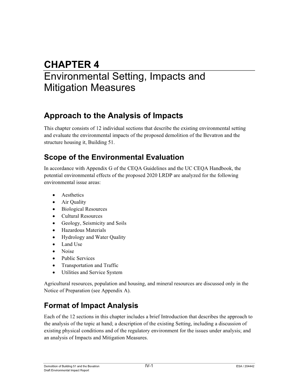 Environmental Setting, Impacts and Mitigation Measures