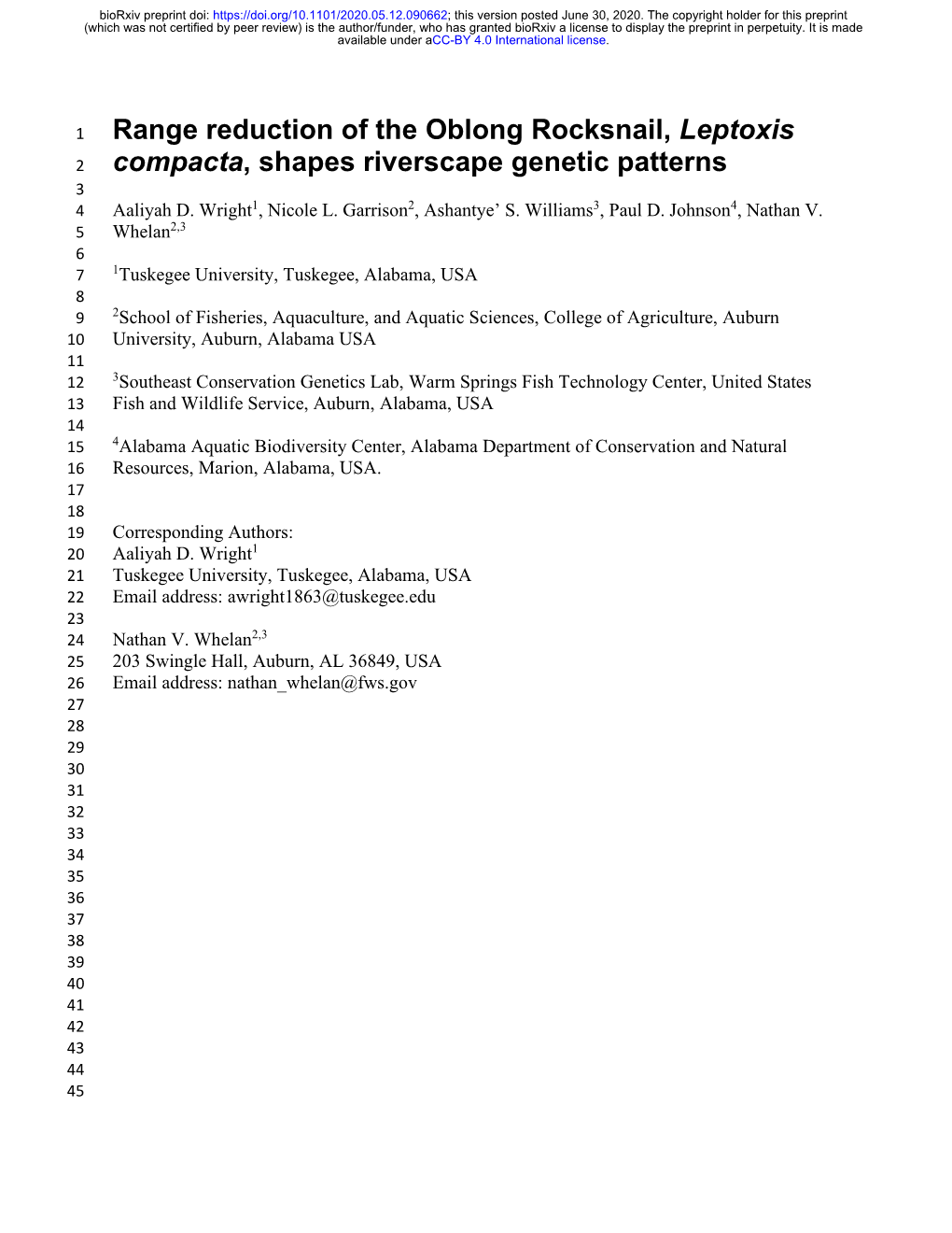 Range Reduction of the Oblong Rocksnail, Leptoxis Compacta, Shapes Riverscape Genetic Patterns