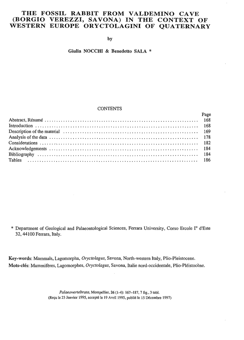 Borgio Verezzi, Sa Vona) in the Context of Western Europe Oryctolagini of Quaternary