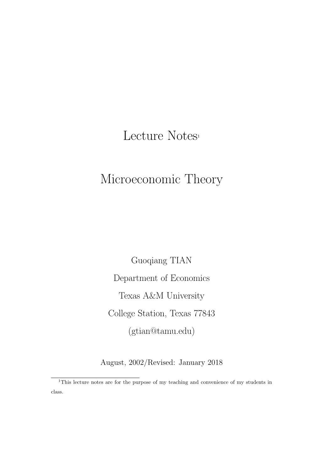 Lecture Notes1 Microeconomic Theory