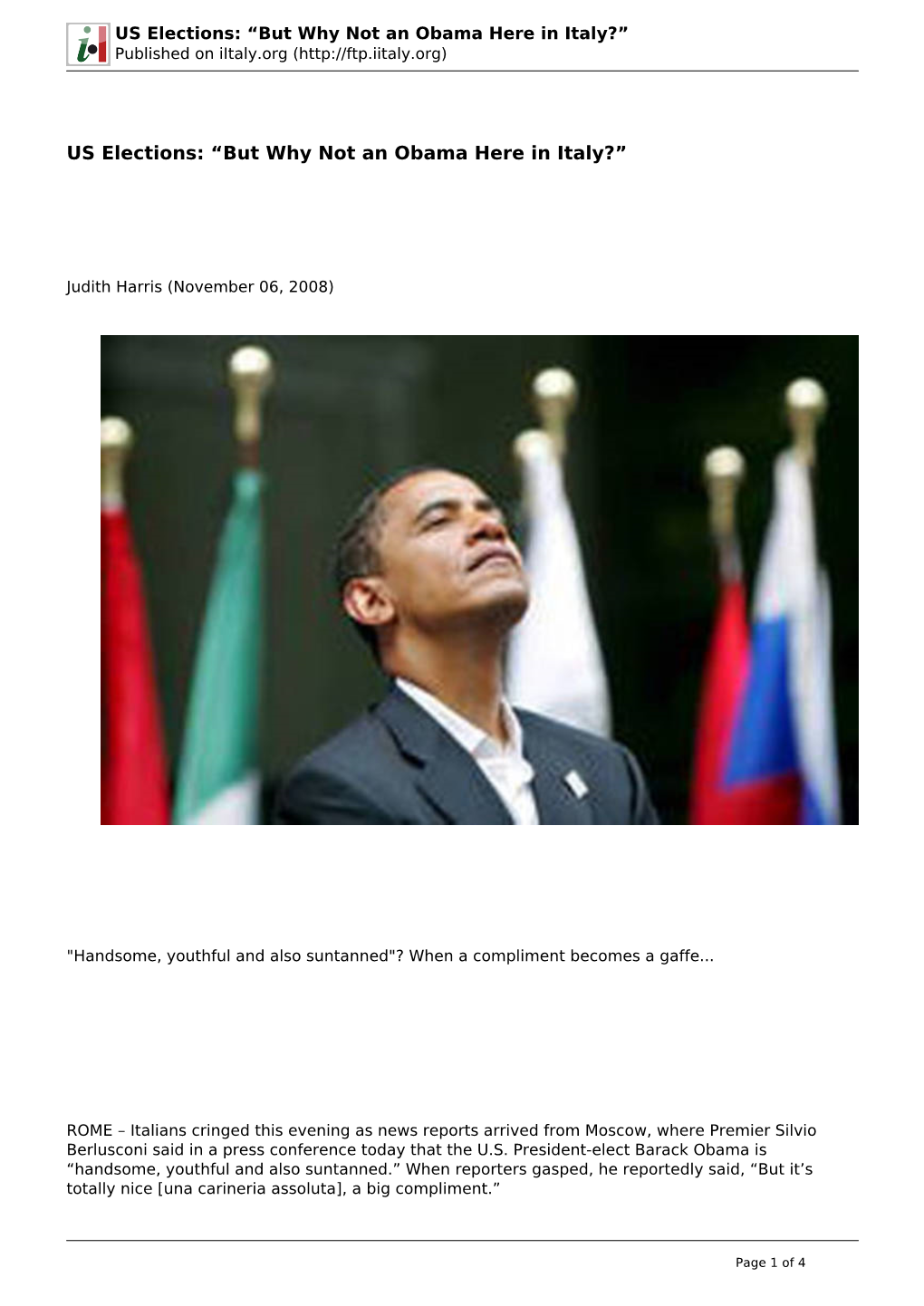 US Elections: “But Why Not an Obama Here in Italy?” Published on Iitaly.Org (