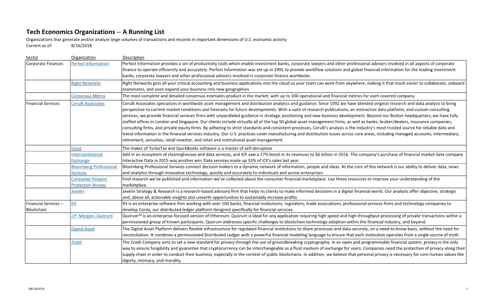 Tech Economics Organizations -- a Running List Organizations That Generate And/Or Analyze Large Volumes of Transactions and Records in Important Dimensions of U.S