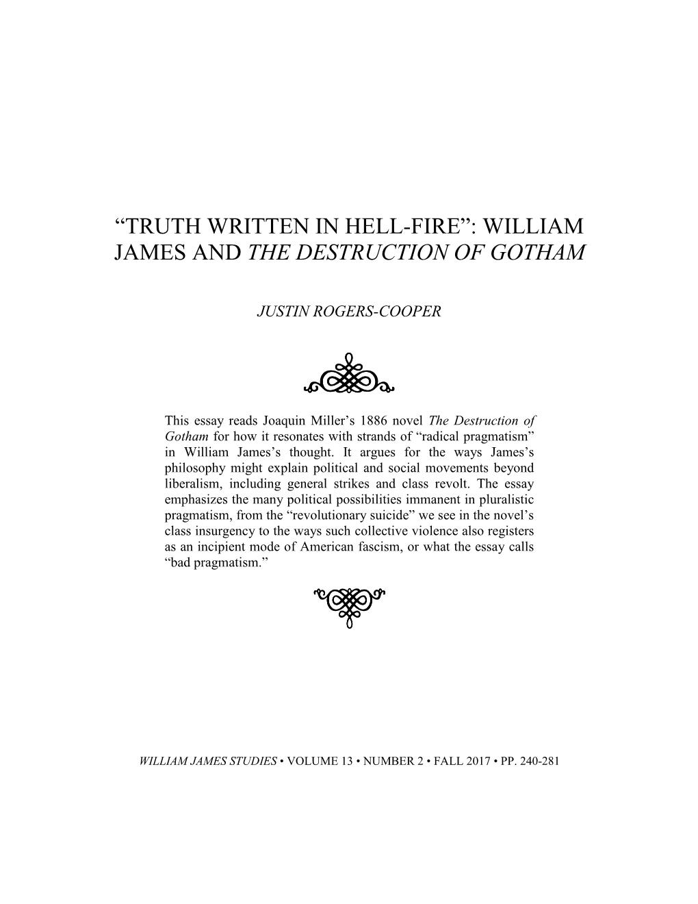 “Truth Written in Hell-Fire”: William James and the Destruction of Gotham