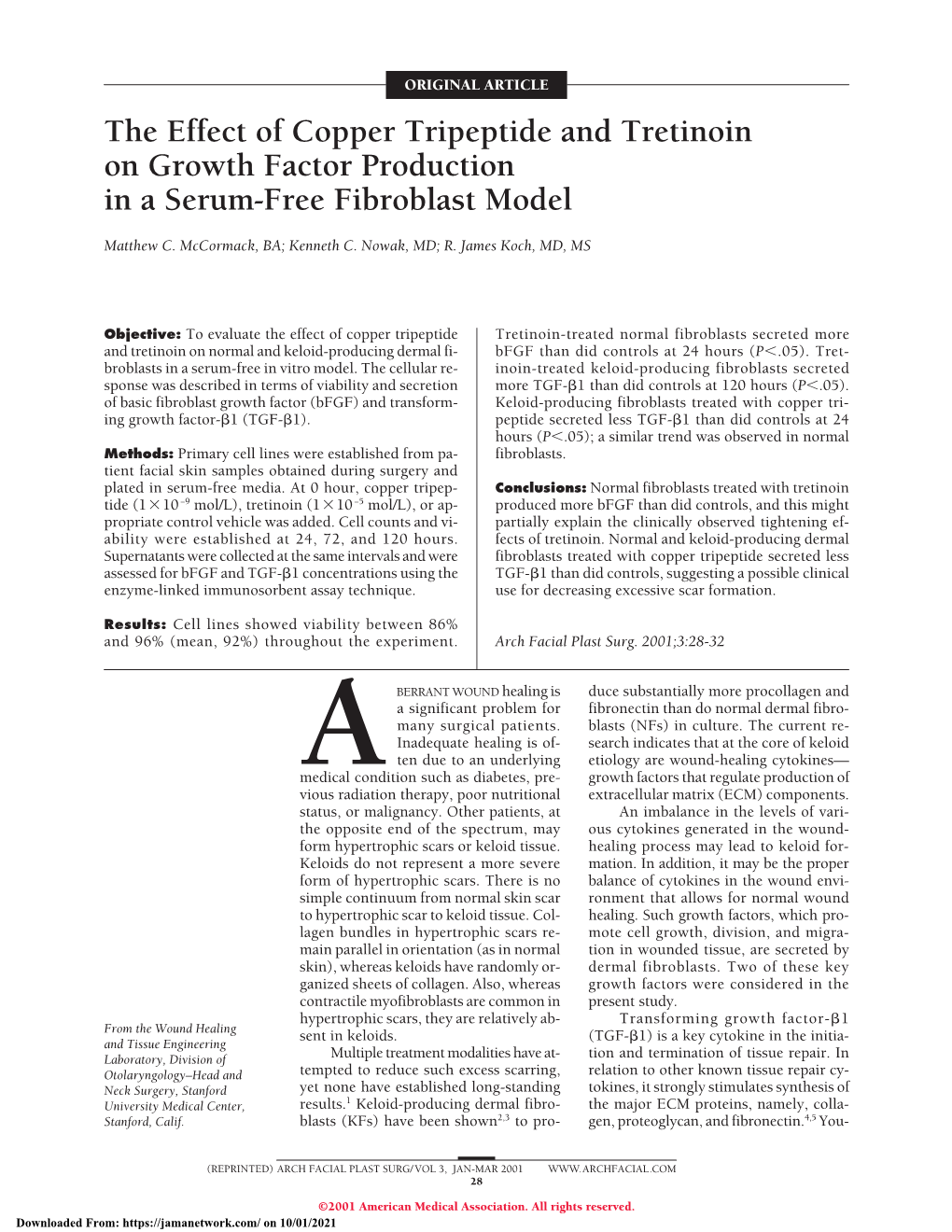 The Effect of Copper Tripeptide and Tretinoin on Growth Factor Production in a Serum-Free Fibroblast Model