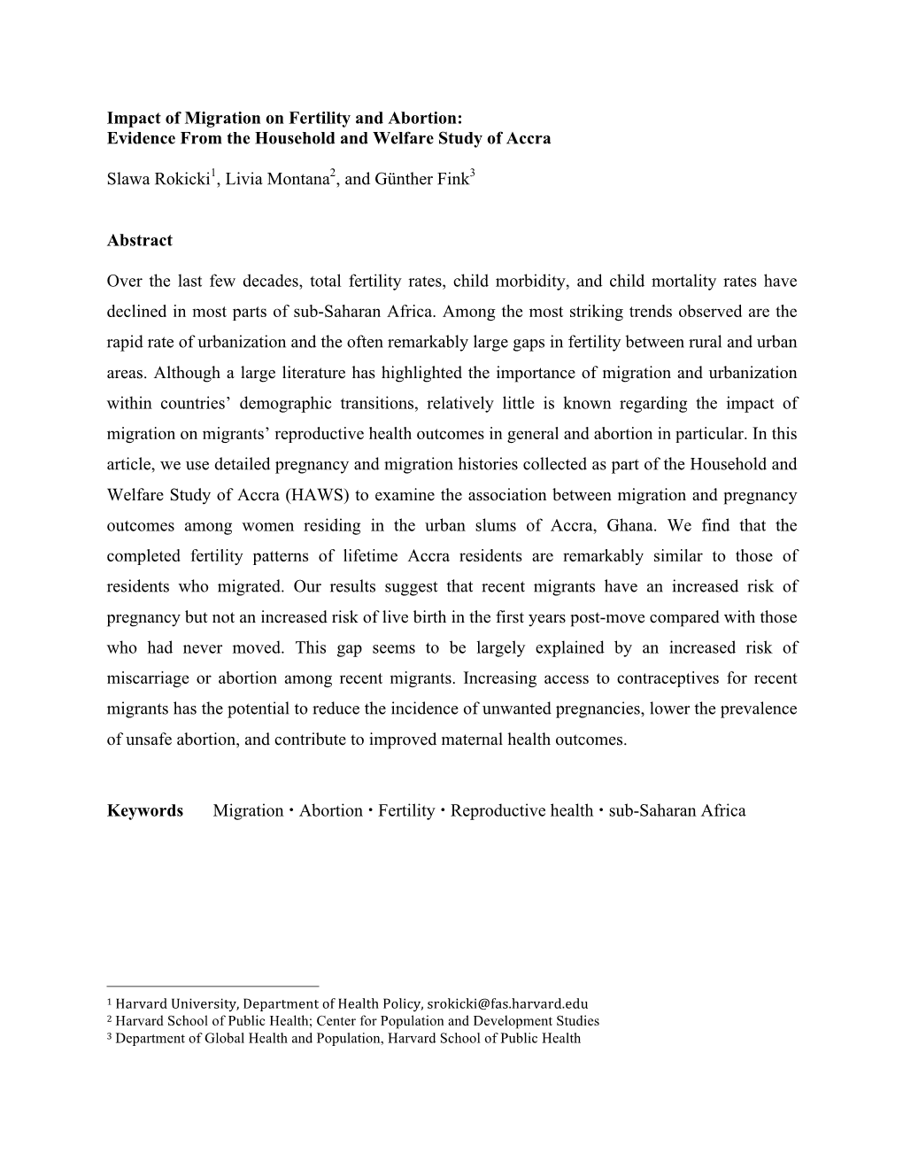 Impact of Migration on Fertility and Abortion: Evidence from the Household and Welfare Study of Accra