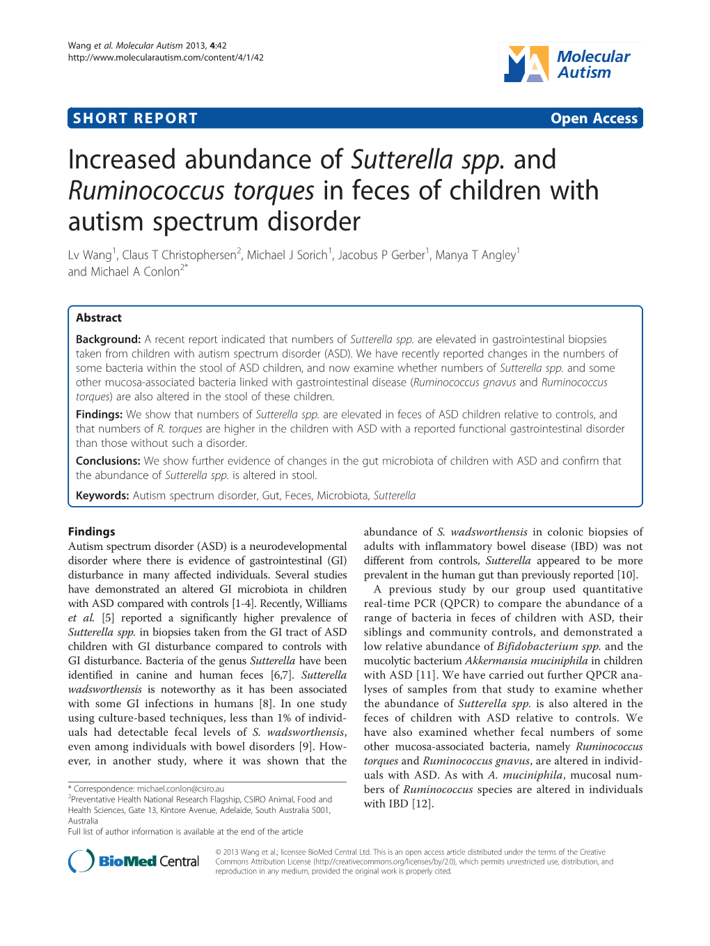 Increased Abundance of Sutterella Spp. and Ruminococcus Torques In