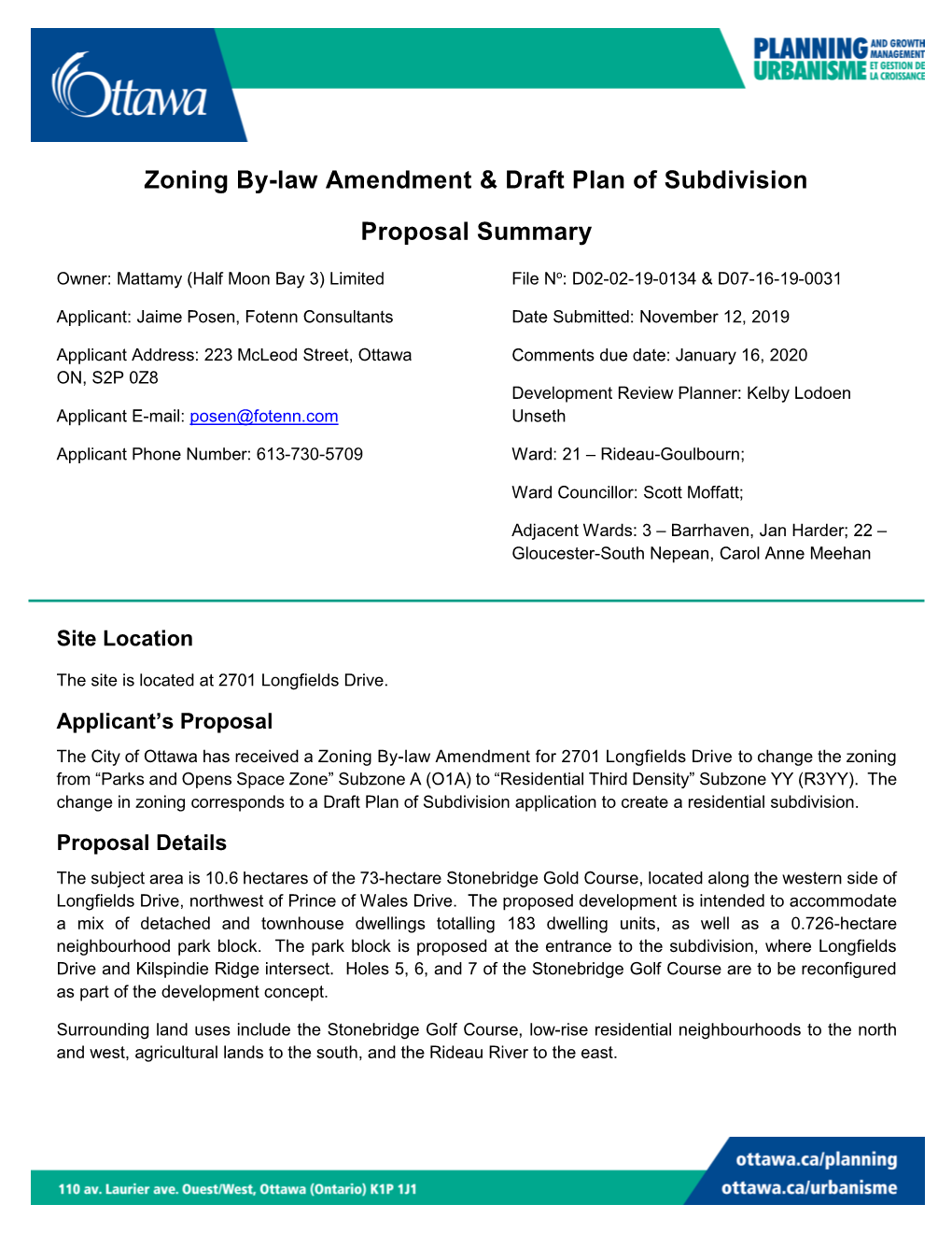 Zoning By-Law Amendment & Draft Plan of Subdivision Proposal
