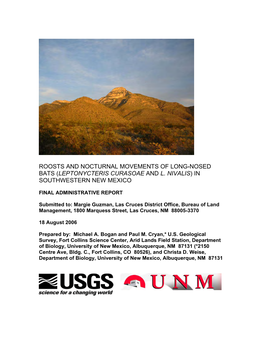 Roosts and Nocturnal Movements of Long-Nosed Bats (Leptonycteris Curasoae and L. Nivalis) in Southwestern New Mexico