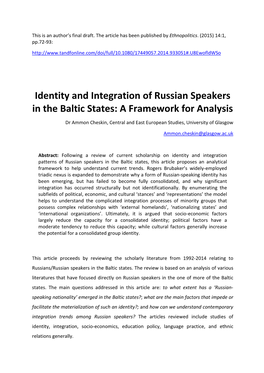 Identity and Integration of Russian Speakers in the Baltic States: a Framework for Analysis