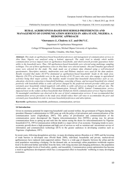 RURAL AGRIBUSINESS-BASED HOUSEHOLD PREFERENCES and MANAGEMENT of COMMUNICATION SERVICES in ABIA STATE, NIGERIA: a HEDONIC APPROACH *Onwumere J., Chukwu A.U
