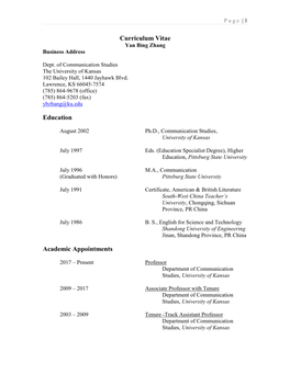 Curriculum Vitae Yan Bing Zhang Business Address