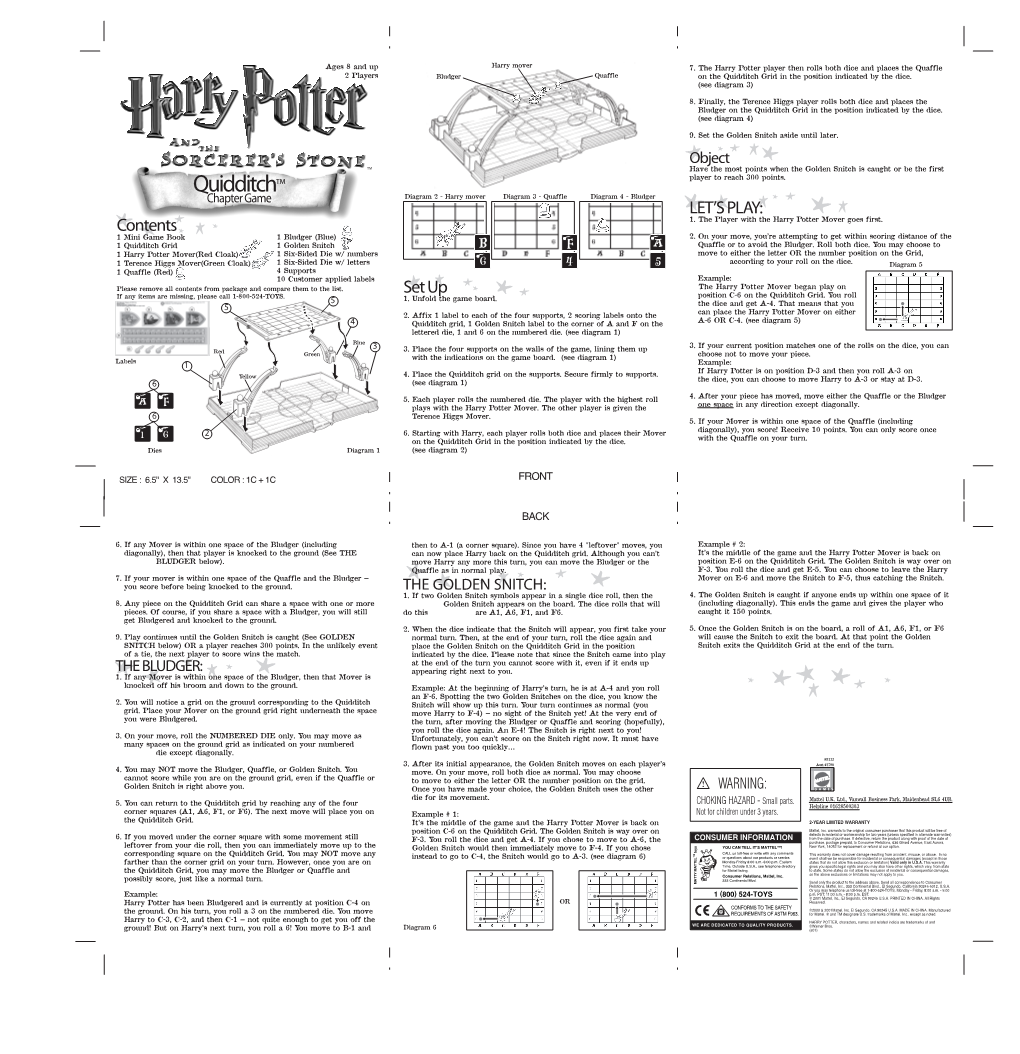 Quidditch™ Chapter Game Diagram 2 - Harry Mover Diagram 3 - Quaffle Diagram 4 - Bludger LET’S PLAY: Contents 1