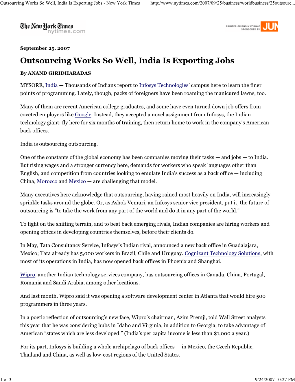 Outsourcing Works So Well, India Is Exporting Jobs - New York Times