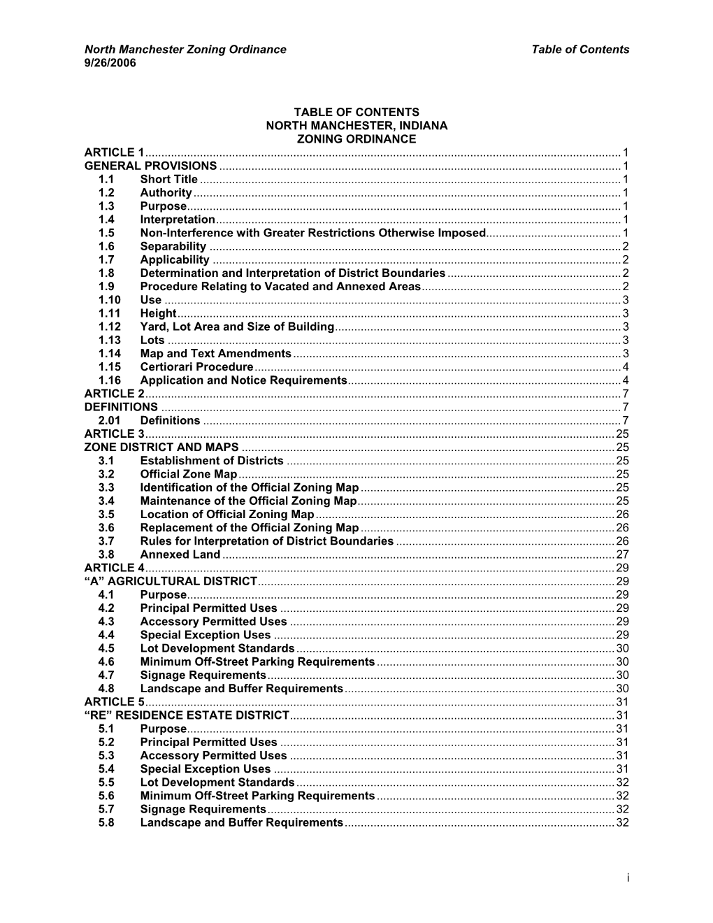 Zoning Ordinance Table of Contents 9/26/2006