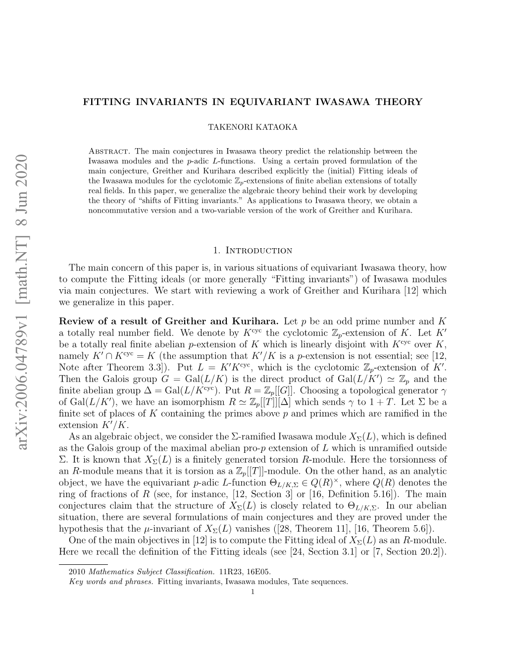 Arxiv:2006.04789V1 [Math.NT] 8 Jun 2020 Oal Elnme Ed Ednt by Denote We ﬁeld