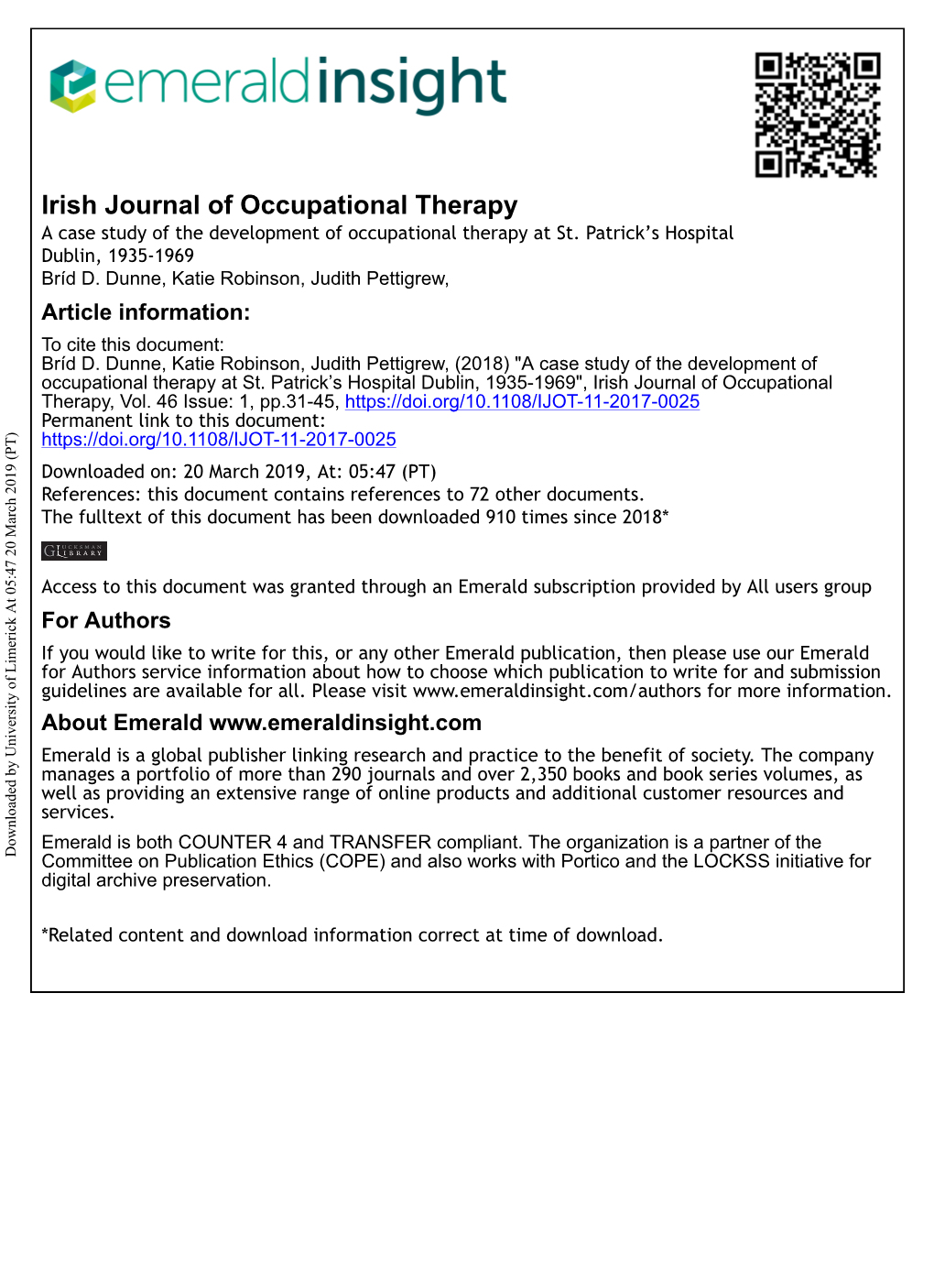A Case Study of the Development of Occupational Therapy at St. Patrick's