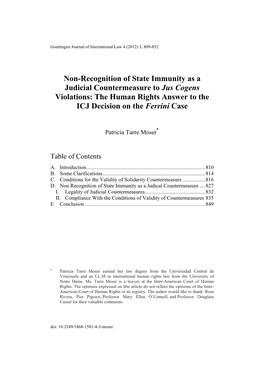 Non-Recognition of State Immunity As a Judicial Countermeasure to Jus Cogens Violations: the Human Rights Answer to the ICJ Decision on the Ferrini Case