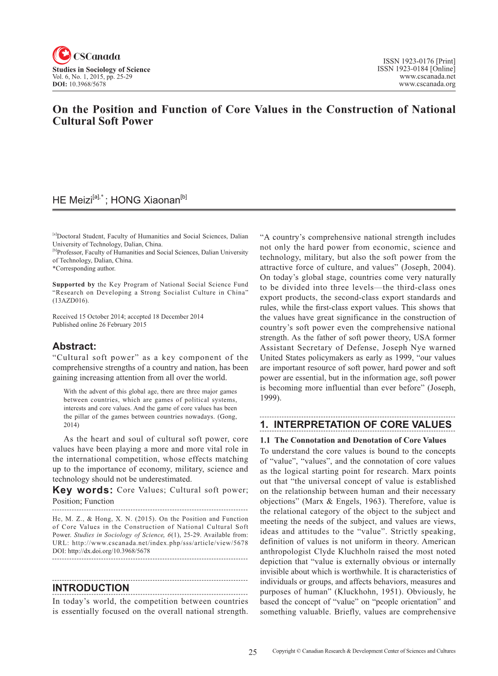 On the Position and Function of Core Values in the Construction of National Cultural Soft Power