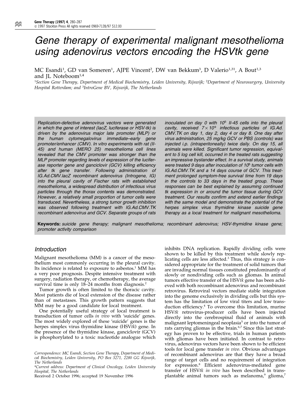 Gene Therapy of Experimental Malignant Mesothelioma Using Adenovirus Vectors Encoding the Hsvtk Gene