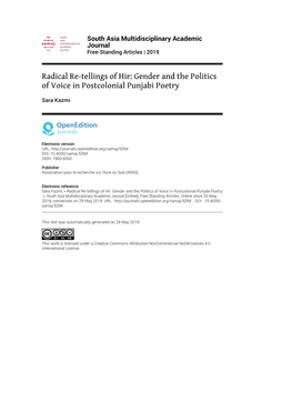 South Asia Multidisciplinary Academic Journal , Free-Standing Articles Radical Re-Tellings of Hir: Gender and the Politics of Voice in Postcolonial