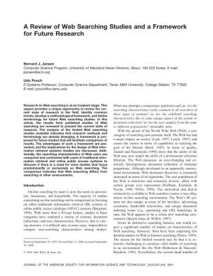 A Review of Web Searching Studies and a Framework for Future Research