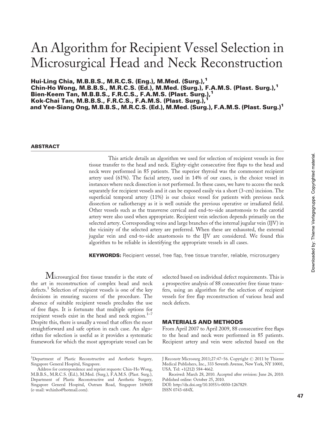 An Algorithm for Recipient Vessel Selection in Microsurgical Head and Neck Reconstruction