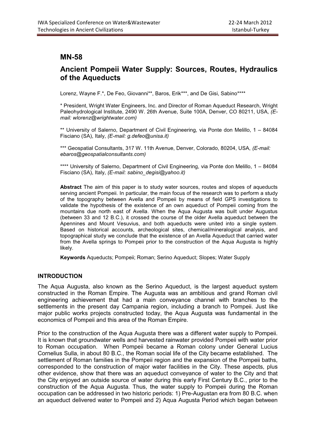 Ancient Pompeii Water Supply: Sources, Routes, Hydraulics of the Aqueducts