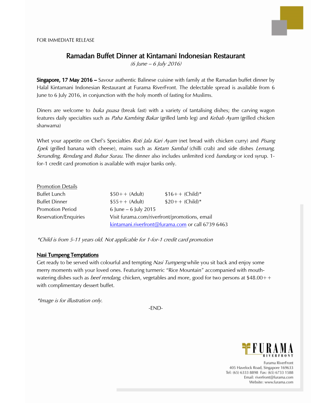 Ramadan Buffet Dinner at Kintamani Indonesian Restaurant (6 June – 6 July 2016)