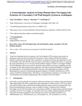 A Transcriptomic Analysis of Xylan Mutants Does Not Support the Existence of a Secondary Cell Wall Integrity System in Arabidopsis