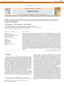 Wind Energy Evaluation for Electricity Generation Using WECS in Seven Selected Locations in Nigeria ⇑ O.S