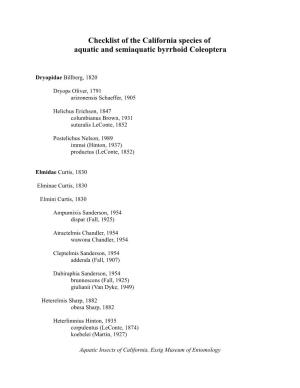 Checklist of the California Species of Aquatic and Semiaquatic Byrrhoid Coleoptera