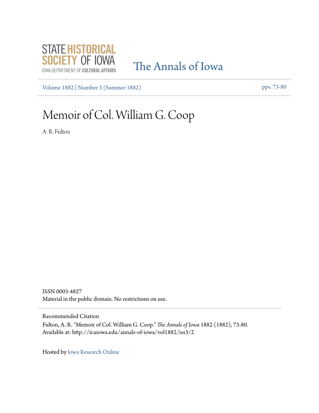 Memoir of Col. William G. Coop A