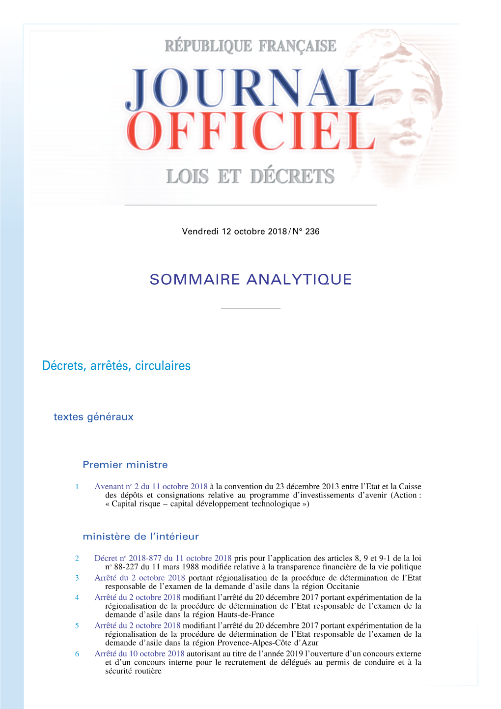 JOURNAL OFFICIEL DE LA RÉPUBLIQUE FRANÇAISE Sommaire