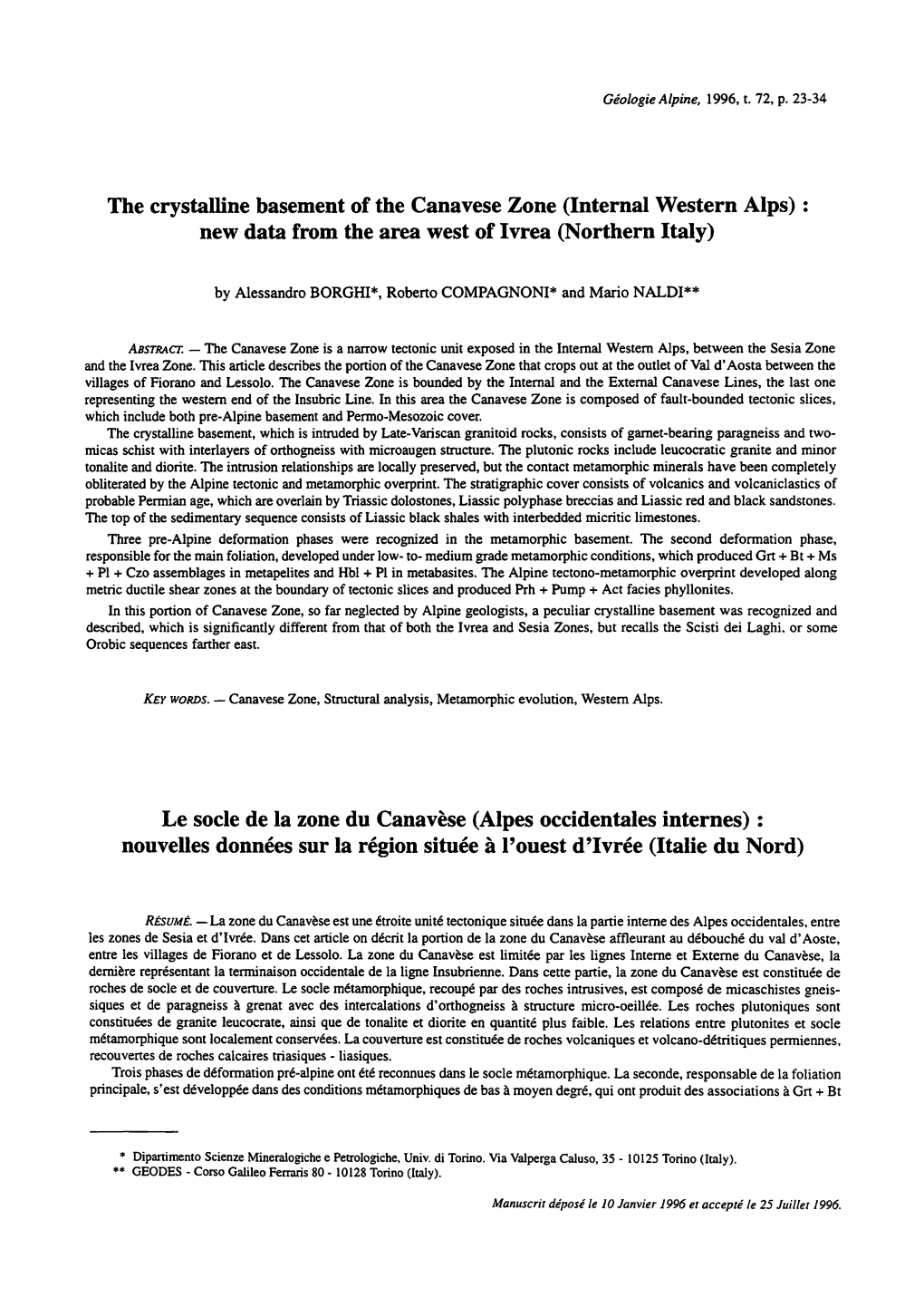 The Crystalline Basement of the Canavese Zone (Internai Western Alps) : New Data from the Area West of Ivrea (Northern Italy)