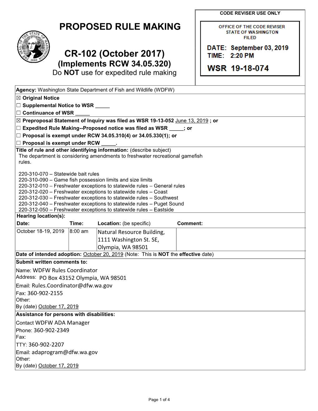October 2017) (Implements RCW 34.05.320) Do NOT Use for Expedited Rule Making