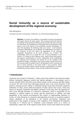 Social Immunity As a Source of Sustainable Development of the Regional Economy