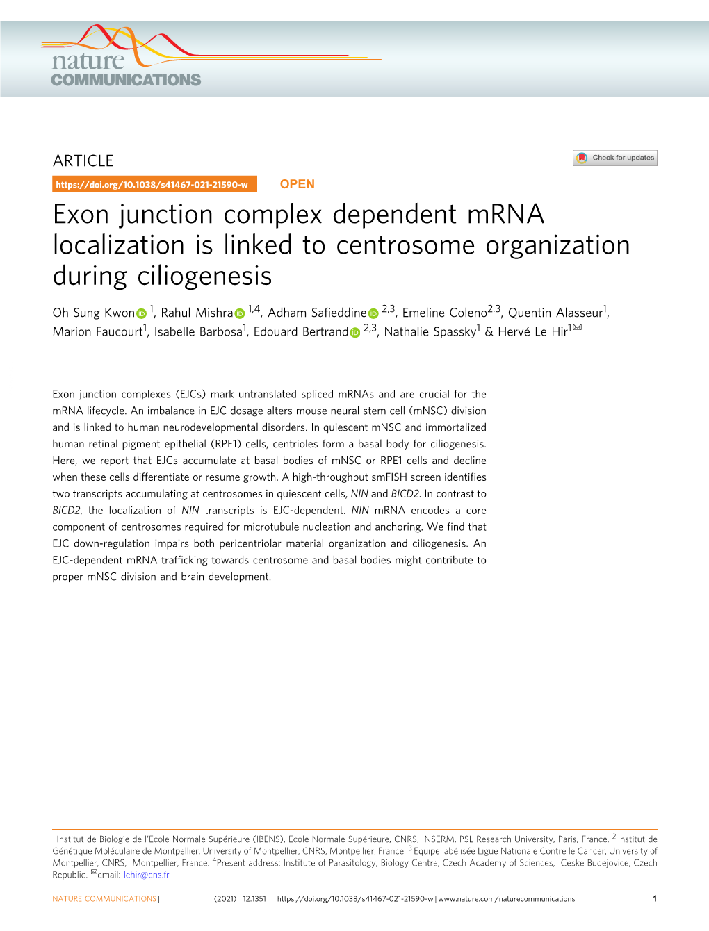 Exon Junction Complex Dependent Mrna Localization Is Linked to Centrosome Organization During Ciliogenesis