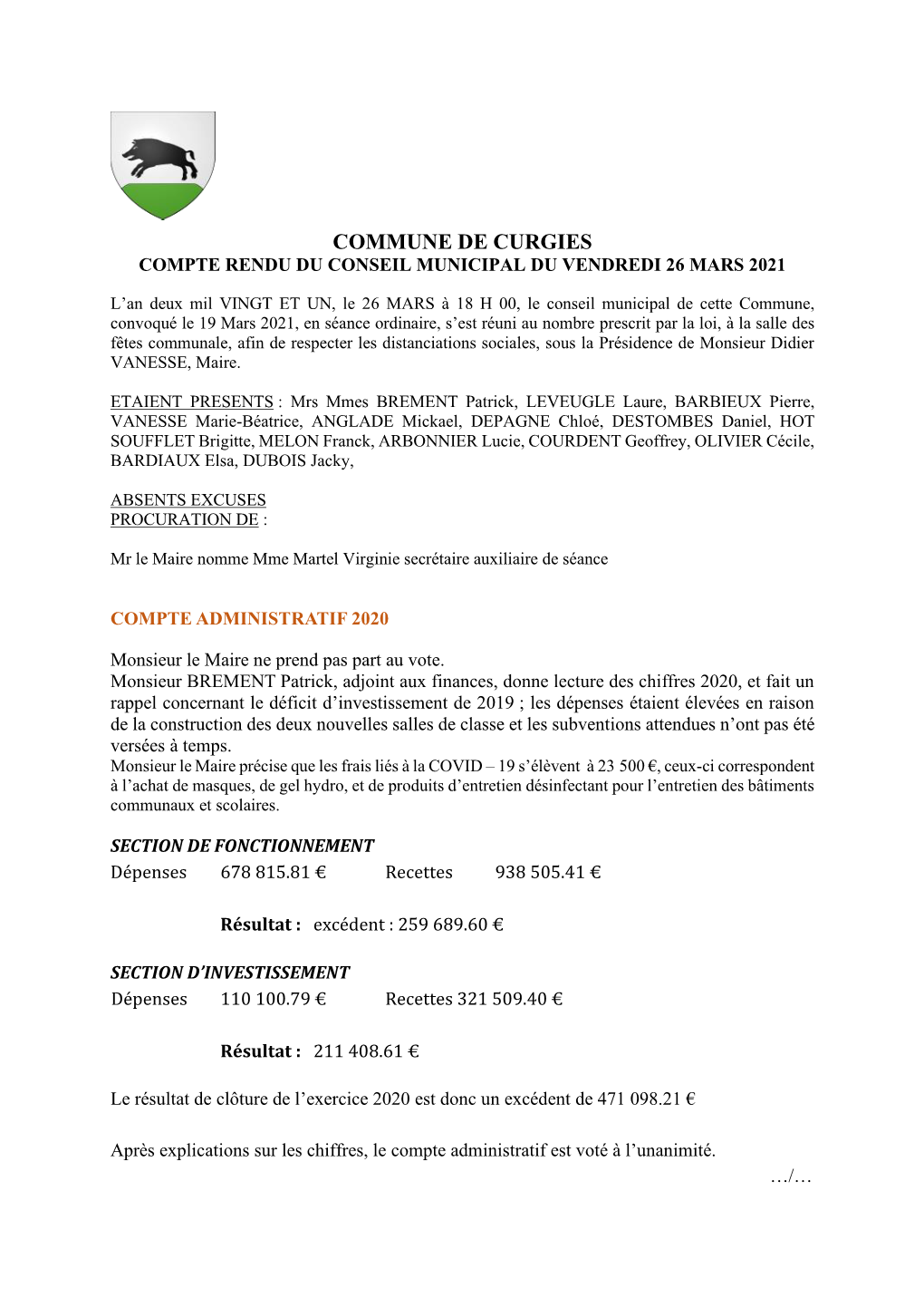 Commune De Curgies Compte Rendu Du Conseil Municipal Du Vendredi 26 Mars 2021