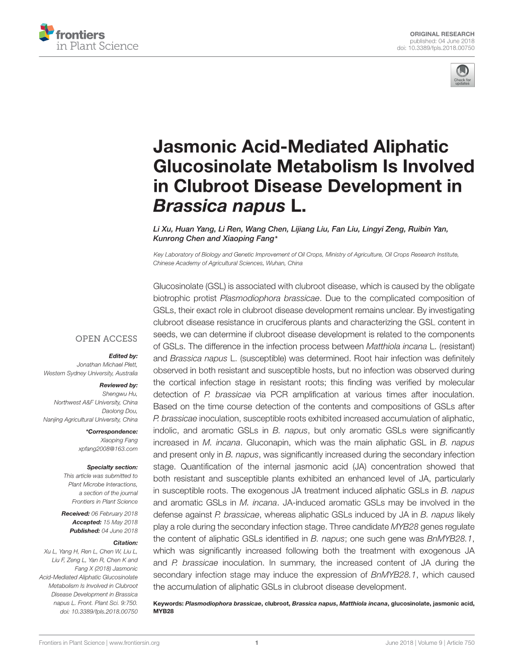 Jasmonic Acid-Mediated Aliphatic Glucosinolate Metabolism Is Involved in Clubroot Disease Development in Brassica Napus L