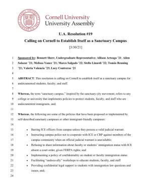 UA Resolution #19 Calling on Cornell to Establish Itself As a Sanctuary